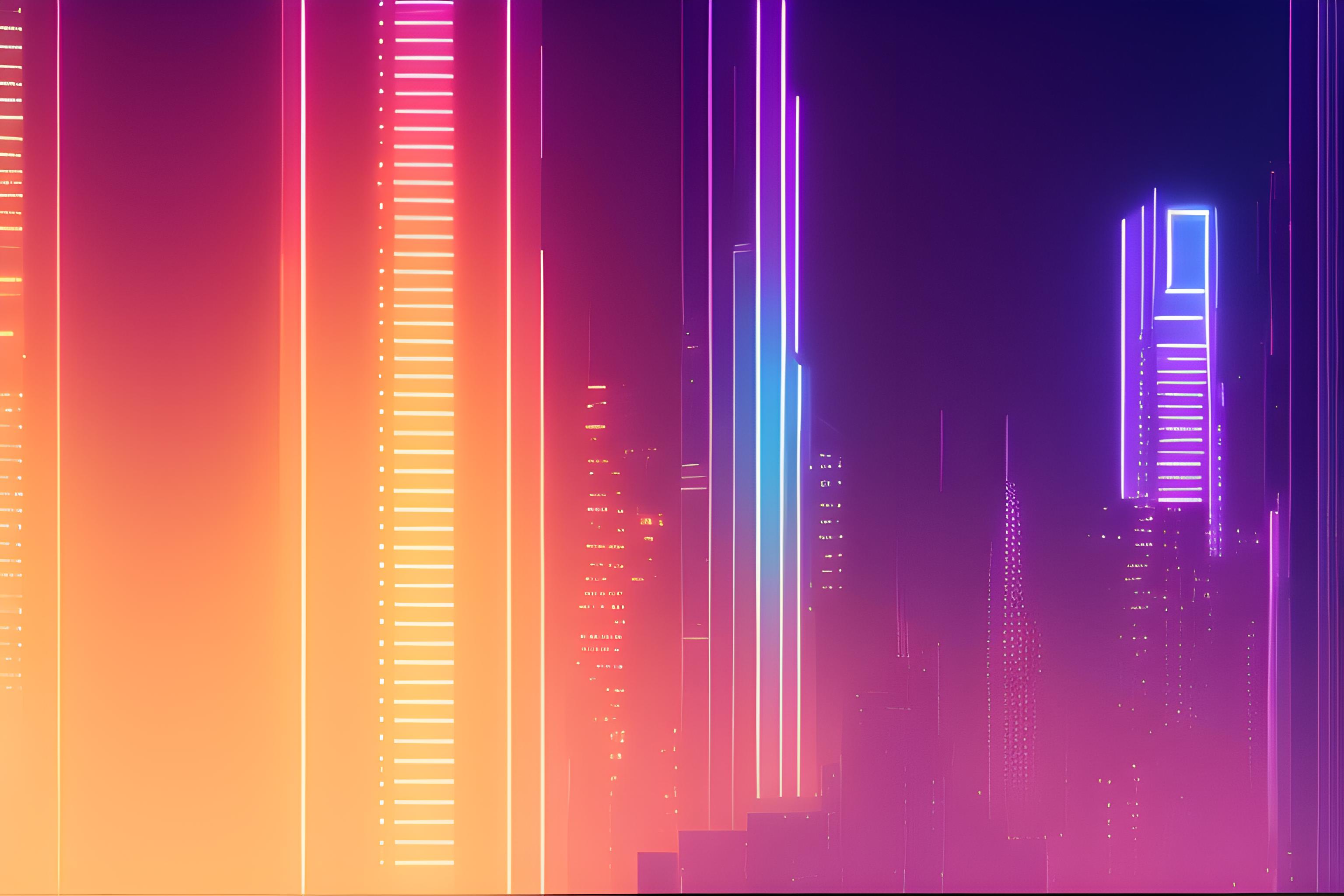 ultra minimal cyberpunk city at night, dark futuristic skyline, neon purple and blue lights, clean …